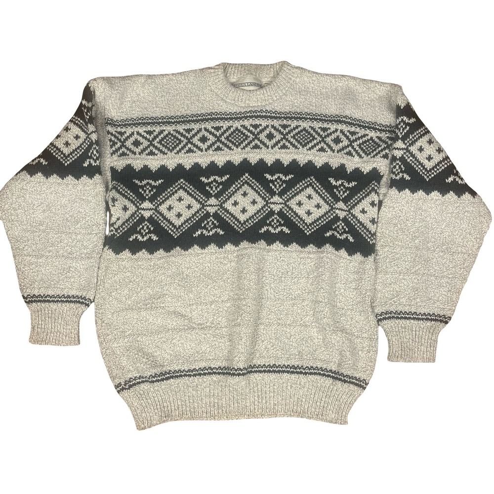Prides Landing Vintage Mens XL Grey Black Fair Isle Cotton Knit Tribal Sweater